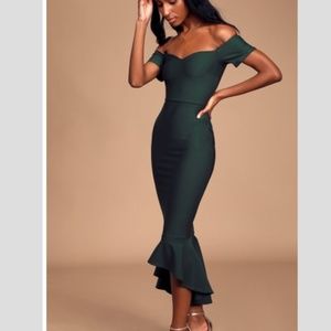 Lulus How Much I Care Dark Green Off-The-Shoulder Midi Dress